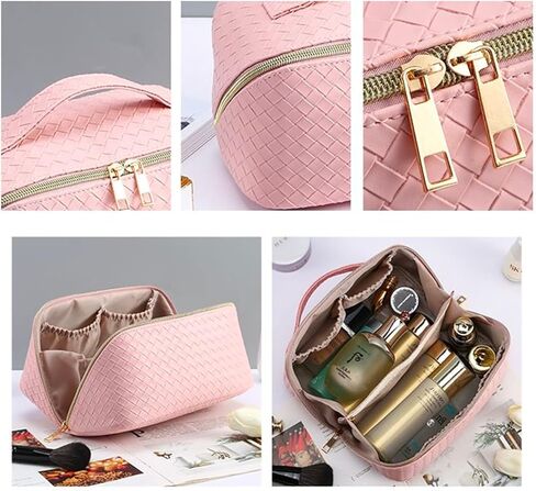 حقيبة مكياج ذات سعة كبيرة من egen، حقيبة مستحضرات تجميل جلدية منسوجة لمستحضرات التجميل، حقيبة سفر واسعة بطبقة مزدوجة للنساء، حقيبة مكياج قابلة للحمل بسحاب (أسود) in Kuwait