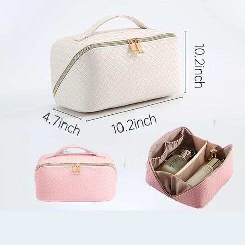 حقيبة مكياج ذات سعة كبيرة من egen، حقيبة مستحضرات تجميل جلدية منسوجة لمستحضرات التجميل، حقيبة سفر واسعة بطبقة مزدوجة للنساء، حقيبة مكياج قابلة للحمل بسحاب (أسود) in Kuwait