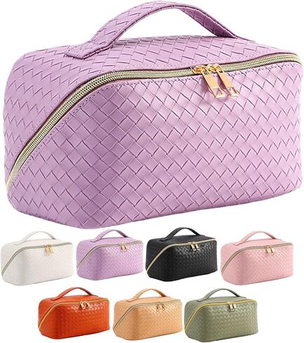 حقيبة مكياج ذات سعة كبيرة من egen، حقيبة مستحضرات تجميل جلدية منسوجة لمستحضرات التجميل، حقيبة سفر واسعة بطبقة مزدوجة للنساء، حقيبة مكياج قابلة للحمل بسحاب (أسود) in Kuwait