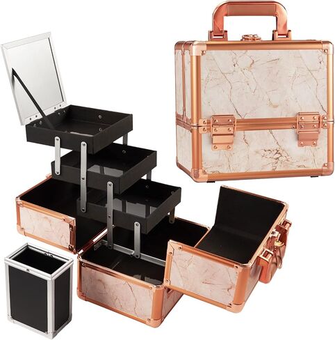 Costravio Makeup Train Case Rose Gold Cosmetic Box with Mirror & Brush Holder Home or Travel Organizer for Make-up and Jewelry Storage Box with 3-Tier Tackle Trays Portable Lockable Golden Marble in Kuwait