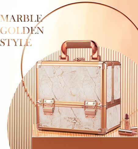 Costravio Makeup Train Case Rose Gold Cosmetic Box with Mirror & Brush Holder Home or Travel Organizer for Make-up and Jewelry Storage Box with 3-Tier Tackle Trays Portable Lockable Golden Marble in Kuwait