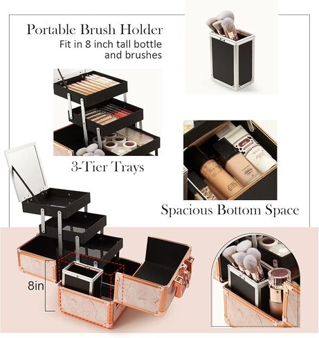 Costravio Makeup Train Case Rose Gold Cosmetic Box with Mirror & Brush Holder Home or Travel Organizer for Make-up and Jewelry Storage Box with 3-Tier Tackle Trays Portable Lockable Golden Marble in Kuwait