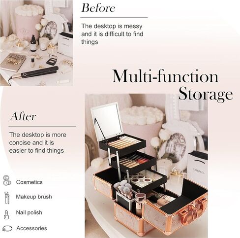 Costravio Makeup Train Case Rose Gold Cosmetic Box with Mirror & Brush Holder Home or Travel Organizer for Make-up and Jewelry Storage Box with 3-Tier Tackle Trays Portable Lockable Golden Marble in Kuwait
