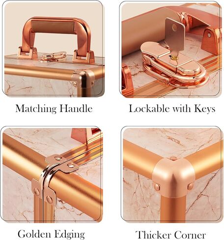 Costravio Makeup Train Case Rose Gold Cosmetic Box with Mirror & Brush Holder Home or Travel Organizer for Make-up and Jewelry Storage Box with 3-Tier Tackle Trays Portable Lockable Golden Marble in Kuwait