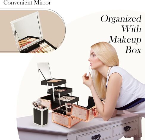 Costravio Makeup Train Case Rose Gold Cosmetic Box with Mirror & Brush Holder Home or Travel Organizer for Make-up and Jewelry Storage Box with 3-Tier Tackle Trays Portable Lockable Golden Marble in Kuwait