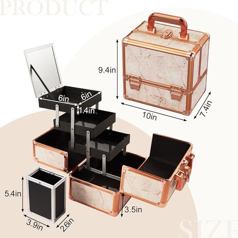Costravio Makeup Train Case Rose Gold Cosmetic Box with Mirror & Brush Holder Home or Travel Organizer for Make-up and Jewelry Storage Box with 3-Tier Tackle Trays Portable Lockable Golden Marble in Kuwait