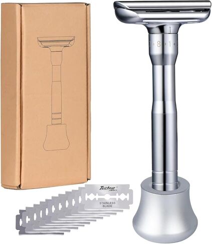 Safety Razor Men's Safety Razors Double-Edged Shaver 8 Speed Adjustable Sharpness With 10 Replaceable Blades Manual Shaving （Silver) in Kuwait