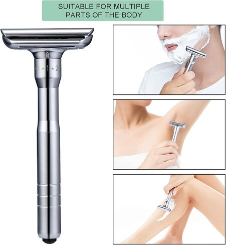 Safety Razor Men's Safety Razors Double-Edged Shaver 8 Speed Adjustable Sharpness With 10 Replaceable Blades Manual Shaving （Silver) in Kuwait