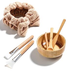 JPNK Facial Mask Bowl Set Bamboo, New DIY 6Pack DIY Clay Mask Mixing Kit with Mask Brushes and Bowl, Bamboo Mask Mixing Tools for Mixing Clay Mask DIY