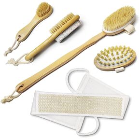 YONOY Body Brush Set- Natural Boar Bristle Body Brush, Back Scrubber, Face Brush, Feet Brush, Massage Nodules Brush for Lymphatic Drainage, Cellulite(5 Pack) in Saudi Arabia