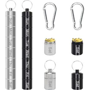 Small Portable Pill Case Keychain for Travel, AngleKai 2 Pack Pill Organizer Aluminium Alloy Small Pill Box Waterproof Pill Container Medicine Bottle Organizer Weekly (black and Silver)