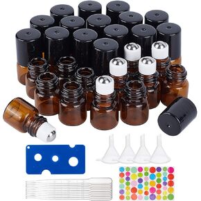BENECREAT 30 Pack 1ml Amber Glass Essential Oils Roller Bottles with Stainless Steel Roller Balls, 10Pcs 3ml Droppers, 4Pcs Funnels, 1Pc Openers and Label for Essential Oils and Other Liquids