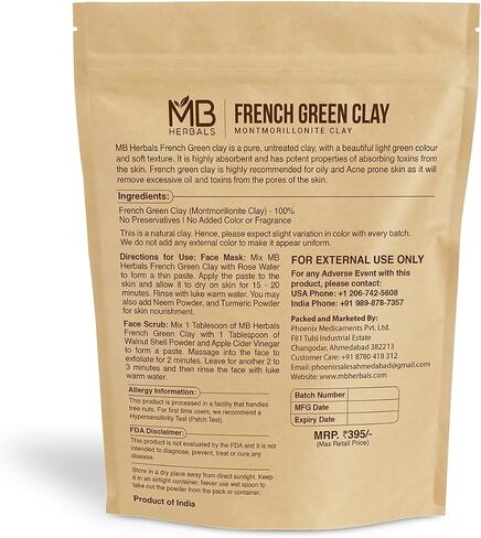 MB Herbals French Green Clay 8 oz | 0.5 lb / 227 Gram | 100% Pure Montmorillonite Clay | Absorbs Excess Oil | Detoxifies Skin | Recommended For Oily Skin | No Chemical Preservatives in Saudi Arabia