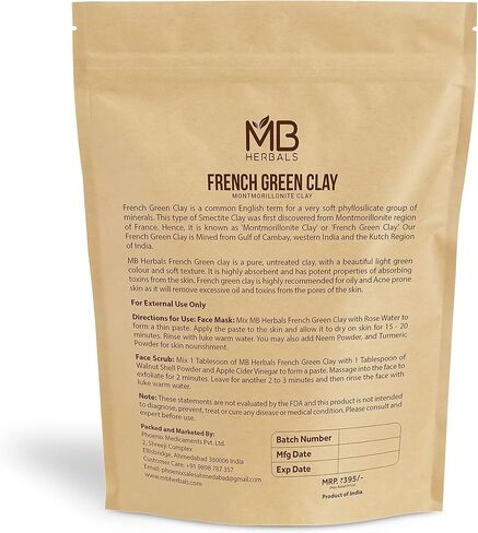 MB Herbals French Green Clay 8 oz | 0.5 lb / 227 Gram | 100% Pure Montmorillonite Clay | Absorbs Excess Oil | Detoxifies Skin | Recommended For Oily Skin | No Chemical Preservatives in Saudi Arabia