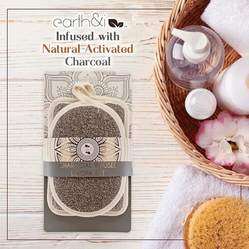 Earth & I Charcoal Infused Loofah Set, Exfoliating Sponge for Deep Cleaning the Skin, 2-Pack in Saudi Arabia