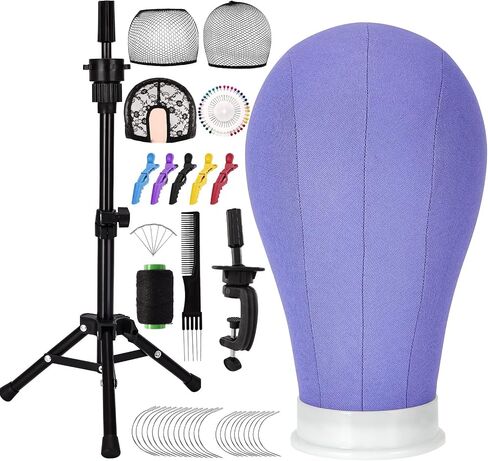 Yofuly 22'' Canvas Wig Head Set, Upgraded 63 Inch Tall Wig Stand Tripod with Mannequin Head, Canvas Block Head Wig Stand Set with Wig Caps, Table Clamp, Perfect for DIY Wig Making and Styling - Blue in Saudi Arabia
