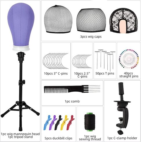 Yofuly 22'' Canvas Wig Head Set, Upgraded 63 Inch Tall Wig Stand Tripod with Mannequin Head, Canvas Block Head Wig Stand Set with Wig Caps, Table Clamp, Perfect for DIY Wig Making and Styling - Blue in Saudi Arabia