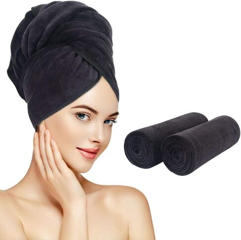 SUNLAND Microfiber Hair Towel Wrap for Women Super Absorbent Quick Dry Magic Hair Turban for Drying Long Hair Soft and Large 24 inch X 43 inch Black in Saudi Arabia