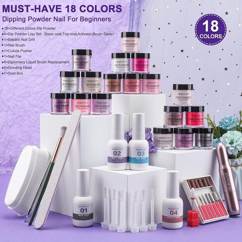 مجموعة مسحوق غمس الأظافر من مورفان - 18 لونًا، مجموعة بودرة غمس الأظافر اللامعة النقية مع مسحوق غمس الأظافر الكهربائي لآلة غمس الأظافر للمبتدئين، مجموعة DIY in Kuwait
