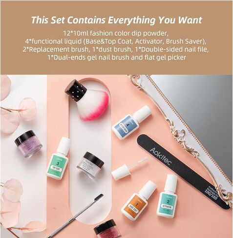 Aokitec 21 قطعة من مسحوق غمس الأظافر للمبتدئين، مسحوق غمس الأظافر 12 لونًا، مجموعة مسحوق جل الأظافر من الأكريليك، مجموعة غمس للمبتدئين in Kuwait