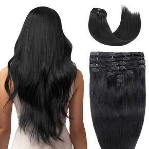 Clip In Hair Extensions 100% Real Human Hair, 1B# Natural Black, 14 inch, 7pcs, Soft & Natural, Lightweight, Invisible Ultra-thin Long Straight Hair Extensions, Smooth Silky