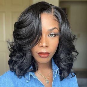 Quick Wig Short Body Wave Wig Glueless Short Wavy Bob Wigs Side Part Loose Wave Wigs for Women Shoulder Length Curly Synthetic Wig Lace Part Hair Wig (Natural Black) in Saudi Arabia