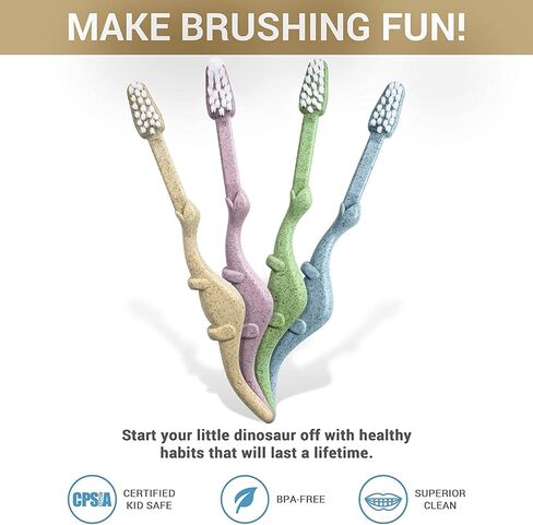 ROARex® All-Natural Eco Friendly Kids Toothbrush Made from Plants - Dinosaurs 4-36m - Baby to Toddler - Blue/Green - 4pk | 1% for The Planet Product in Saudi Arabia