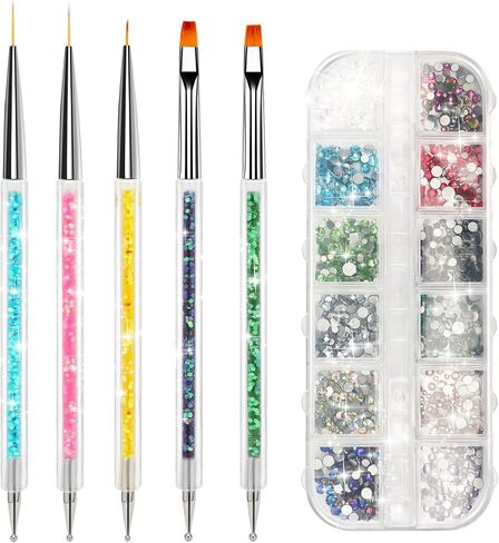 Nail brush Rhinestones set 12 Colors AB crystal rhinestones for nails,5PCS Double-Ended fine liner acrylic nail brush Nail Art Design Brush Upgraded Point Drill Drawing Brush Pen Dotting Tools Set in Saudi Arabia