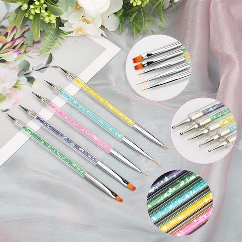 Nail brush Rhinestones set 12 Colors AB crystal rhinestones for nails,5PCS Double-Ended fine liner acrylic nail brush Nail Art Design Brush Upgraded Point Drill Drawing Brush Pen Dotting Tools Set in Saudi Arabia