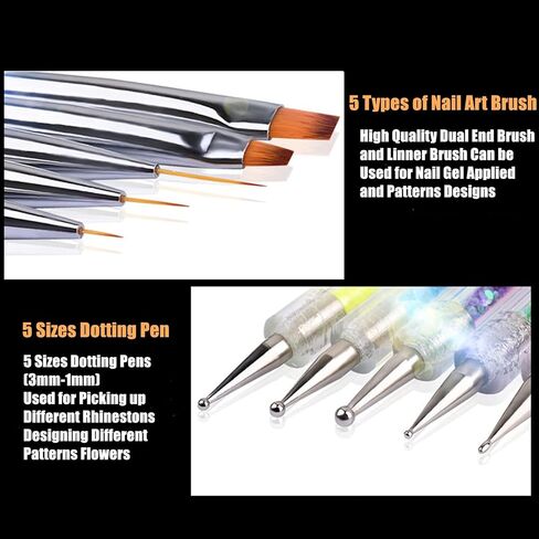 Nail brush Rhinestones set 12 Colors AB crystal rhinestones for nails,5PCS Double-Ended fine liner acrylic nail brush Nail Art Design Brush Upgraded Point Drill Drawing Brush Pen Dotting Tools Set in Saudi Arabia
