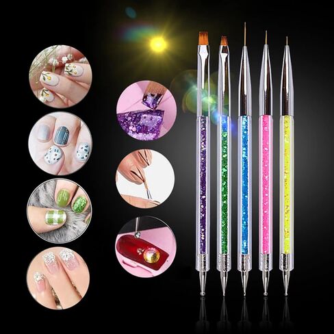 Nail brush Rhinestones set 12 Colors AB crystal rhinestones for nails,5PCS Double-Ended fine liner acrylic nail brush Nail Art Design Brush Upgraded Point Drill Drawing Brush Pen Dotting Tools Set in Saudi Arabia