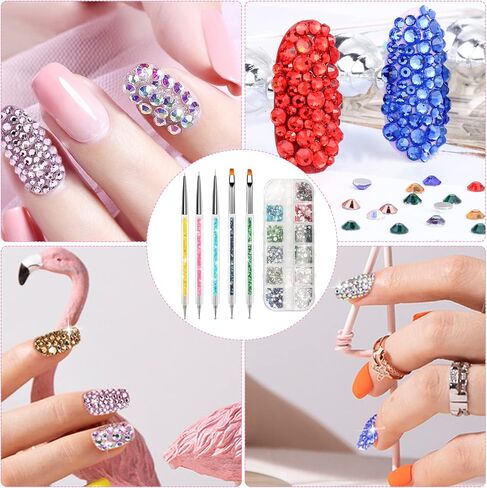 Nail brush Rhinestones set 12 Colors AB crystal rhinestones for nails,5PCS Double-Ended fine liner acrylic nail brush Nail Art Design Brush Upgraded Point Drill Drawing Brush Pen Dotting Tools Set in Saudi Arabia
