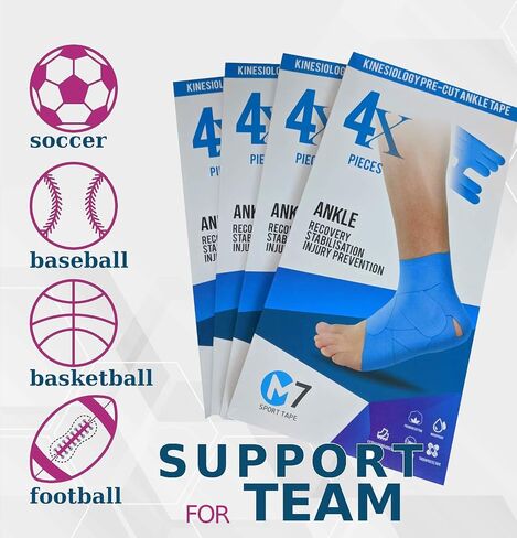 M7 Sport Kinesiology Ankle Tape for Ankle Sprain and Injury Recovery, Pain Relief Kinesiology Tape, Ankle Brace Compression Support, Plantar Fasciitis, Waterproof, Eases Swelling (Black, 4-Pack) in Saudi Arabia