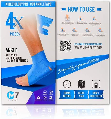 M7 Sport Kinesiology Ankle Tape for Ankle Sprain and Injury Recovery, Pain Relief Kinesiology Tape, Ankle Brace Compression Support, Plantar Fasciitis, Waterproof, Eases Swelling (Black, 4-Pack) in Saudi Arabia