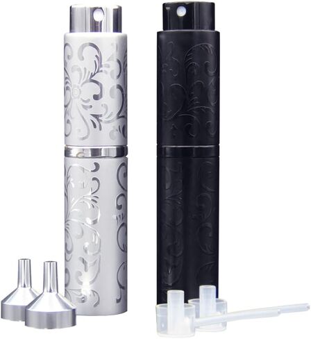 قطعتان من بخاخ رذاذ محمول للعطور، بخاخ رذاذ ناعم دوار، زجاجات رذاذ صغيرة أنيقة، قابلة لإعادة التعبئة، رذاذ عطر للسفر خارج المنزل مع قمع وموزع (فضي وأسود) in Kuwait
