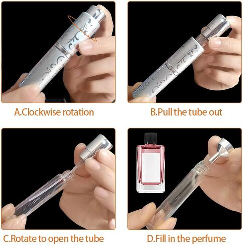 قطعتان من بخاخ رذاذ محمول للعطور، بخاخ رذاذ ناعم دوار، زجاجات رذاذ صغيرة أنيقة، قابلة لإعادة التعبئة، رذاذ عطر للسفر خارج المنزل مع قمع وموزع (فضي وأسود) in Kuwait