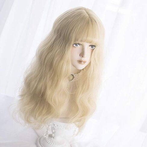 Long Wavy Wig Bangs - Natural Synthetic Hair Lolita Wig with Wig Cap For Women Cosplay and Daily Wear (Blonde) in Saudi Arabia