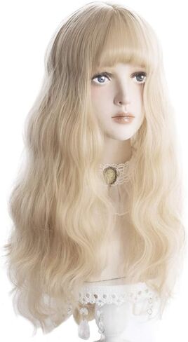 Long Wavy Wig Bangs - Natural Synthetic Hair Lolita Wig with Wig Cap For Women Cosplay and Daily Wear (Blonde) in Saudi Arabia