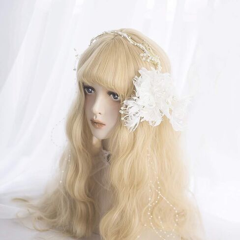 Long Wavy Wig Bangs - Natural Synthetic Hair Lolita Wig with Wig Cap For Women Cosplay and Daily Wear (Blonde) in Saudi Arabia