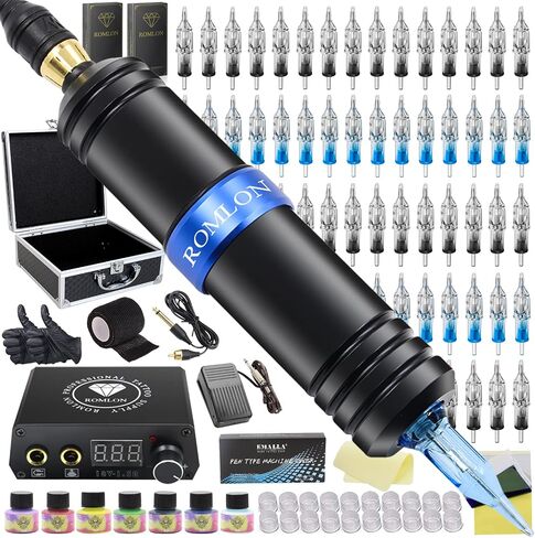 Romlon Tattoo Kit - Complete Tattoo Pen Kit Rotary Tattoo Machine Pen LED Power Supply 40Pcs Cartridges Needles Foot Pedal Skin Practice Tattoo Accessories for Beginners and Tattoo Artists in Saudi Arabia