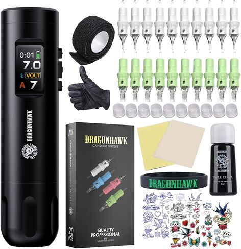 Dragonhawk X7 Wireless Tattoo Pen Kit, Rotary Tattoo Machine Gun Kit - Brushless Motor by Mcore, Smart Display Tattoo Pen 20Pcs Cartridges Needles - Fine Tattoo Kit in Kuwait