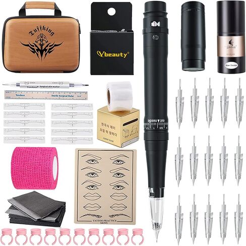 Permanent Eyebrow Makeup Tattoo Machine Kit with 15pcs Mixed Cartridges Needles for Shading Eyeliner Lip Microshading (Black) in Saudi Arabia