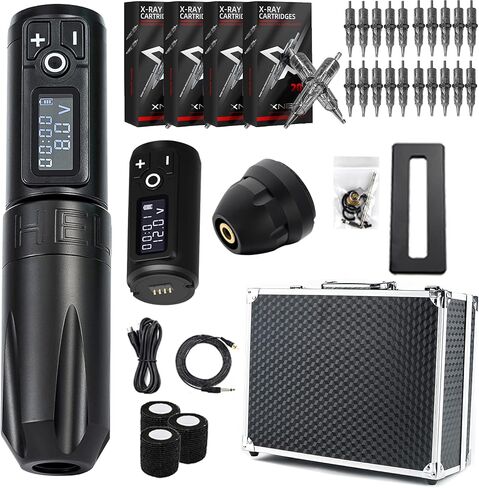 مجموعة الوشم - مجموعة ماكينة الوشم اللاسلكية Xnet قلم وشم دوار كامل احترافي مع طاقة إضافية 1950 مللي أمبير في الساعة 80 قطعة X-RAY ضمادة إبر خرطوشة وشم مختلطة مع حقيبة كبيرة لفناني الوشم in Kuwait