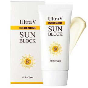 UltraV Idebenone Sun Block SPF50+ PA++++ - كريم واقي من الشمس خفيف UVA/UVB - الببتيدات، EGF، الأرز، مستخلصات البابونج - لون بشرة غير متساوٍ - لمسة نهائية حريرية غير دهنية - 1.69 أونصة سائلة in Saudi Arabia