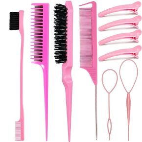 10 Pieces Hair Styling Comb Set Teasing Hair Brush Triple Teasing Comb Rat Tail Combs Edge Brush Hair Tail Tools Braid Tool Loop with Hair Clips for Women Girls Kids Hair Stylists Braiding Styling