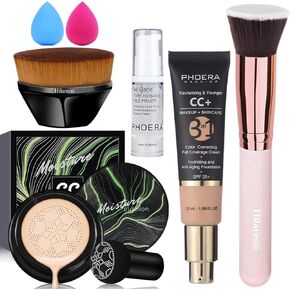Mushroom Head Air Cushion CC Cream Natural Foundation,PHOERA CC Cream Foundation With SPF,Color Correcting Anti Aging Hydrating Serum,PHOERA Face Primer (#03 Warm Nude +#120 Nude)