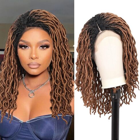 شعر مستعار Kalyss بطول 45.72 سم بجزء جانبي من Locs، شعر مستعار Dreadlock للنساء ذوات البشرة السمراء، شعر مستعار مضفر بدانتيل أمامي مع شعر أطفال، شعر مستعار مجعد من Locs، باروكات صناعية مضفرة مصنوعة في اليابان (أومبير من الأسود إلى البني) in Kuwait