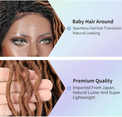 شعر مستعار Kalyss بطول 45.72 سم بجزء جانبي من Locs، شعر مستعار Dreadlock للنساء ذوات البشرة السمراء، شعر مستعار مضفر بدانتيل أمامي مع شعر أطفال، شعر مستعار مجعد من Locs، باروكات صناعية مضفرة مصنوعة في اليابان (أومبير من الأسود إلى البني) in Kuwait