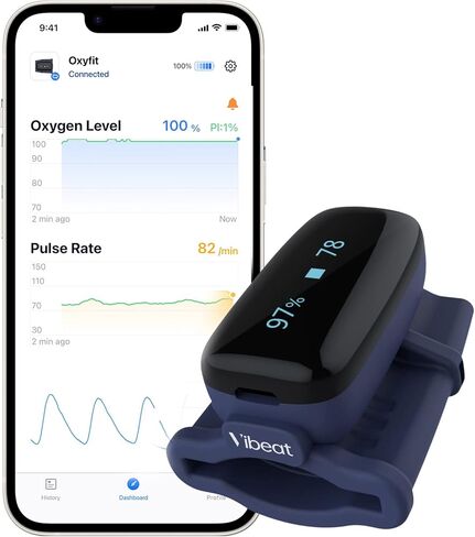جهاز قياس التأكسج النبضي القابل لإعادة الشحن Vibeat S4، بلوتوث لمراقبة تشبع الأكسجين في الدم ومعدل النبض، مقياس O2 مع تطبيق مجاني in Saudi Arabia