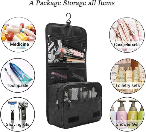 Menoeceus حقيبة أدوات الزينة المحمولة المعلقة للسفر، سعة كبيرة للرجال والنساء حقيبة مستحضرات التجميل للسفر مقاومة للماء، منظم السفر للملحقات، حاوية أدوات الزينة كاملة الحجم (أسود) in Kuwait